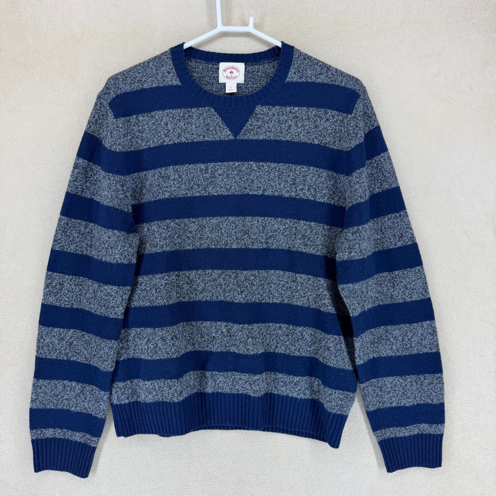 Brooks Brothers Red Merino Wool Bland Mens L Striped Crewneck Sweater Blue Gray